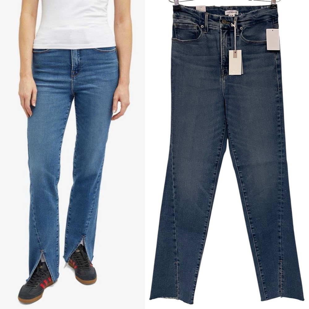NWT‎ Good American Womens Good Boy Twisted Slit Jeans Indigo Blue Raw Hem 6 / 28